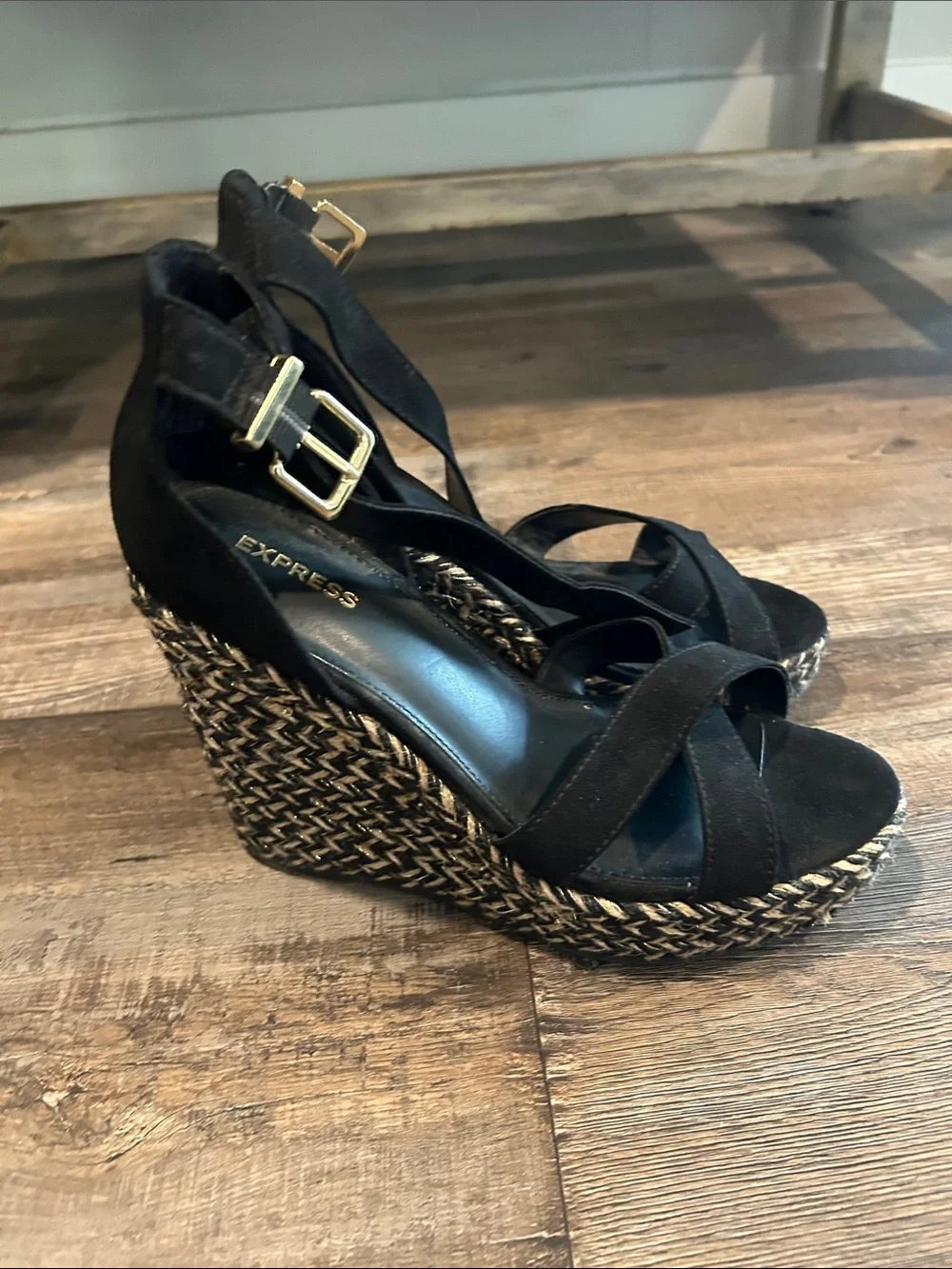 Express Black Suede Espadrille Wedge Sandals
